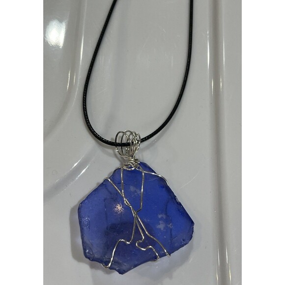 Rose Quartz & Blue Sea Glass Unconditional Love Silver Tone Wire Wrapped Pendant - Picture 4 of 6